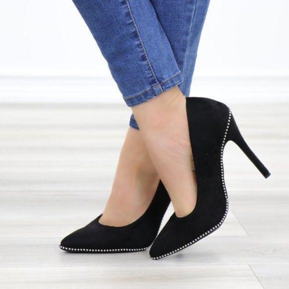Black vegan Suede High Heel Pumps With Studs - Picture 10 of 12